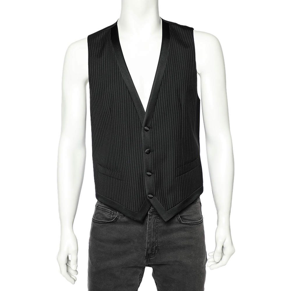 Dolce & Gabbana Black Striped Wool Button Front Vest M