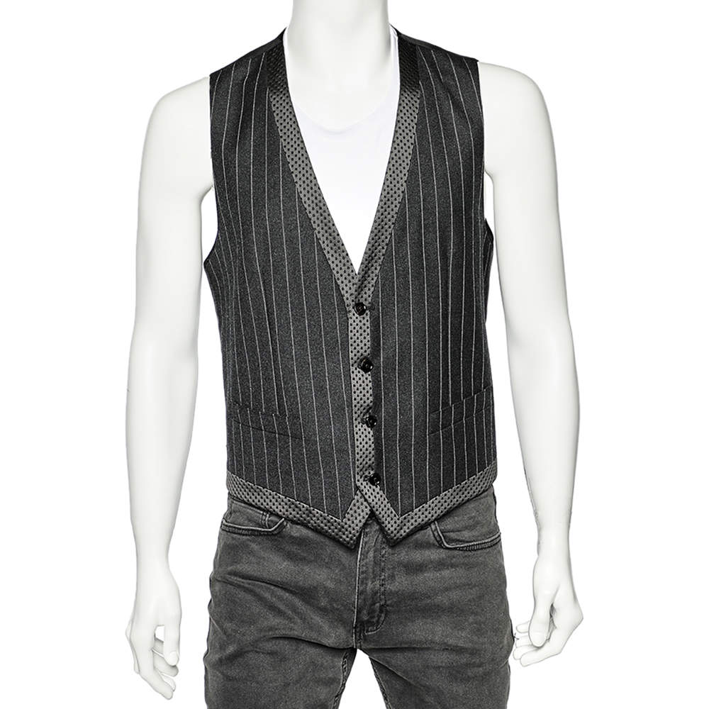 Pre Owned Dolce & Gabbana Charcoal Grey Striped Wool Contrast Trim Vest M