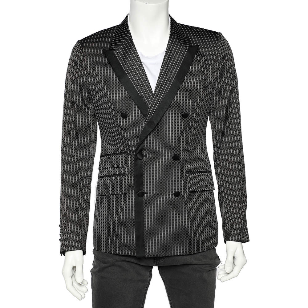 Pre Owned جاكيت بليزر دولتشي أند غابانا حرير صوف جاكار رصاصي صدرية مزدوجة مقاس وسط (ميديوم)