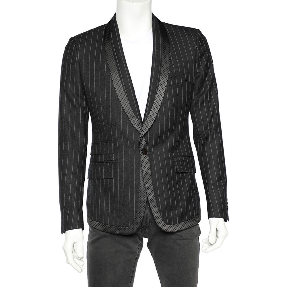 Pre Owned Dolce & Gabbana Charcoal Grey Striped Wool & Silk Trimmed Blazer M