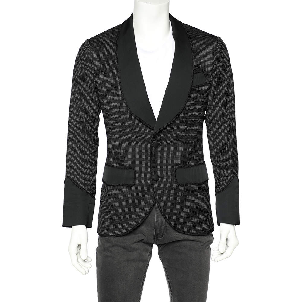 Dolce & Gabbana Black Polka Dotted Wool & Silk Trimmed Tuxedo Blazer S