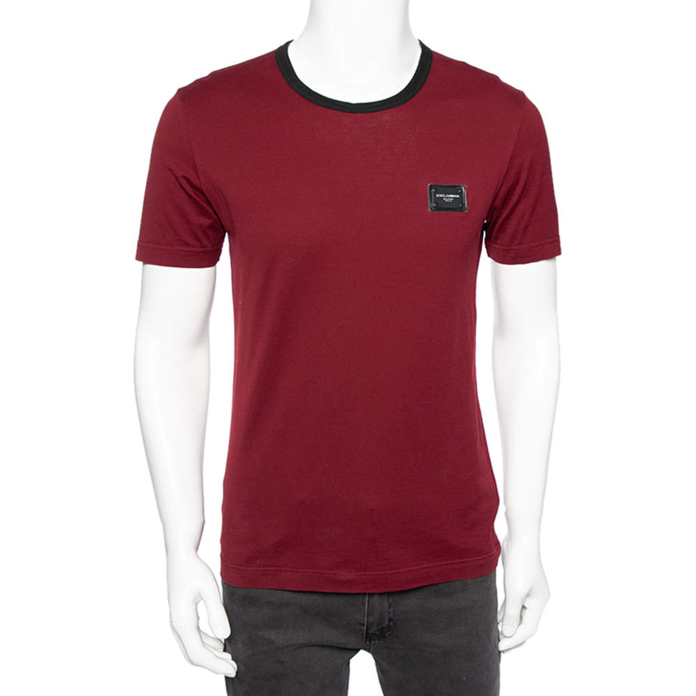 Pre Owned Dolce & Gabbana Burgundy Cotton Knit Logo Plaque Detail Crewneck T-Shirt M