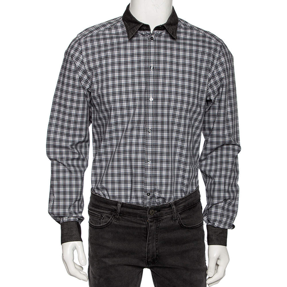 Pre Owned Dolce & Gabbana Grey Checkered Cotton Button Front Gold Label Shirt XL 