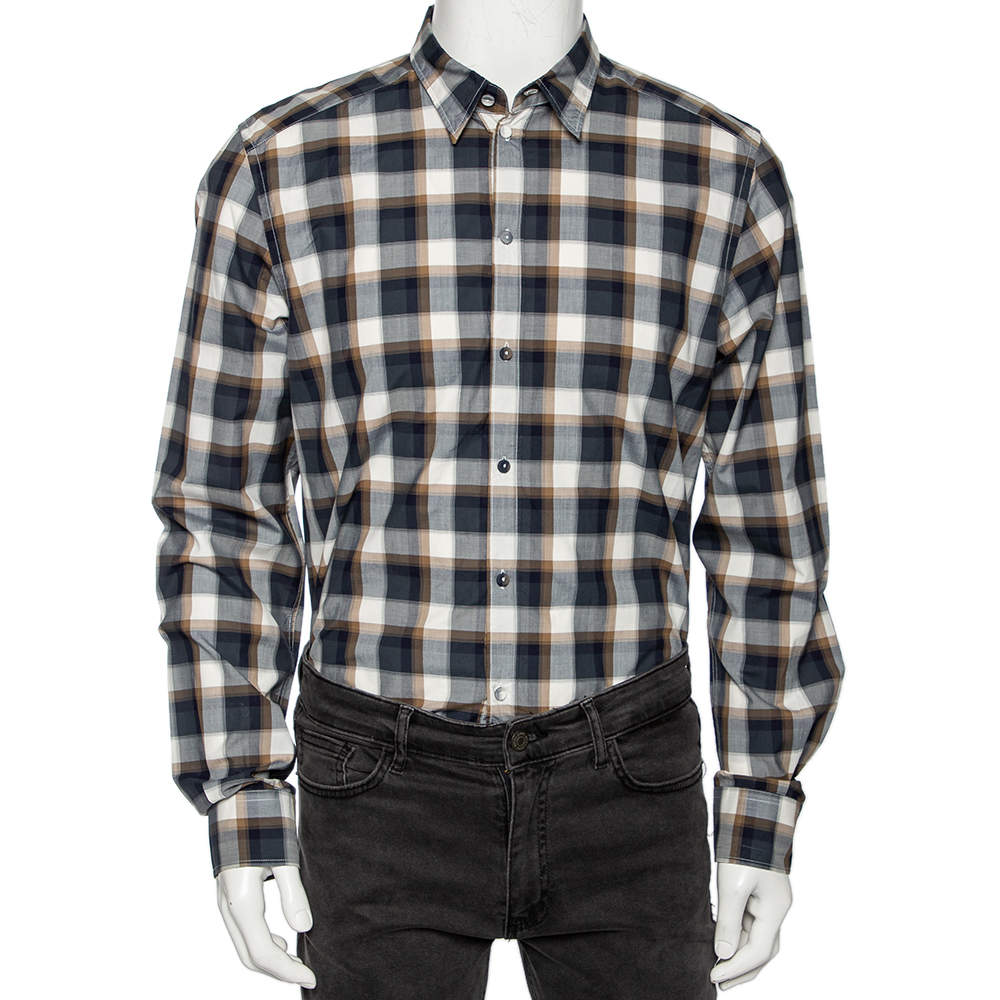 Pre Owned Dolce & Gabbana Blue & Brown Plaid Checked Cotton Gold Label Shirt XL