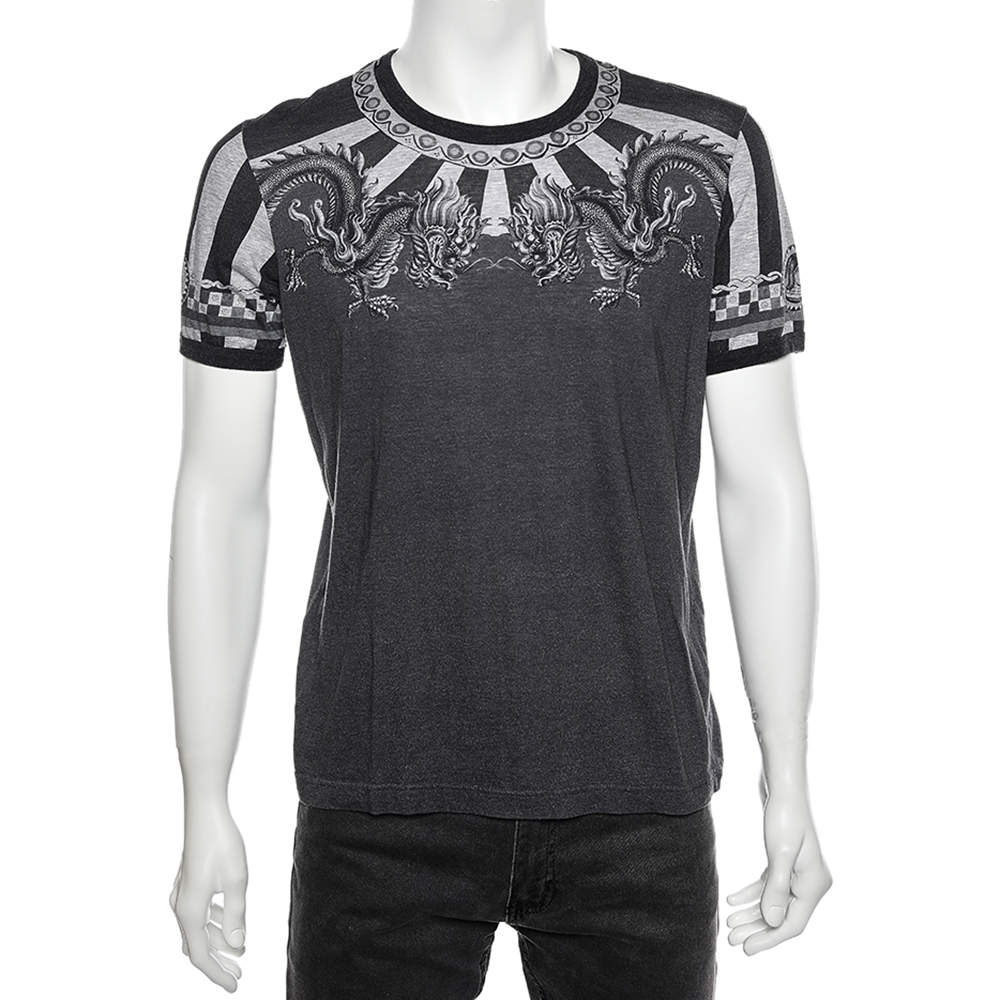 مملوكة مسبقًا Dolce & Gabbana Grey Dragon Printed Cotton Crewneck T-Shirt L