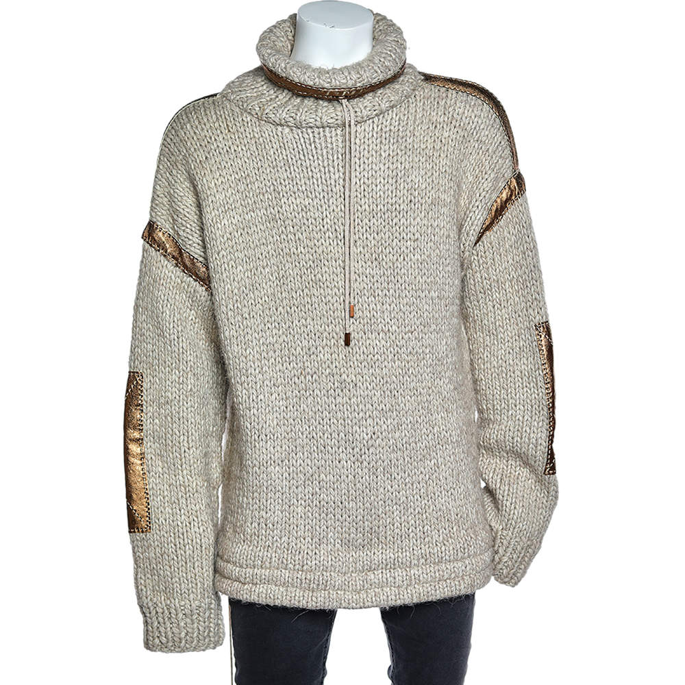 Pre Owned Dolce & Gabbana Beige Alpaca & Wool Leather Patch Detail Turtleneck Oversized Sweater L