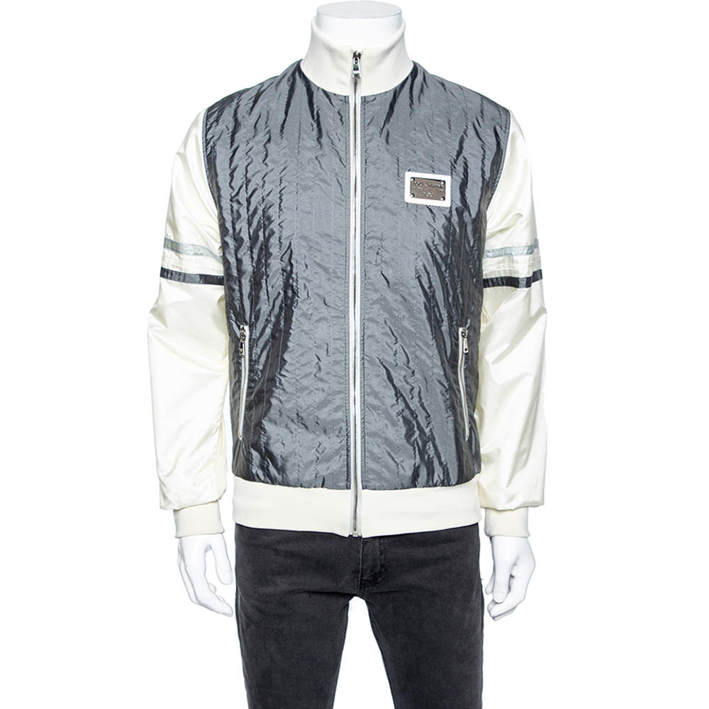 Pre Owned Dolce & Gabbana Grey & Cream Colorblock Synthetic Zip Front Jacket L