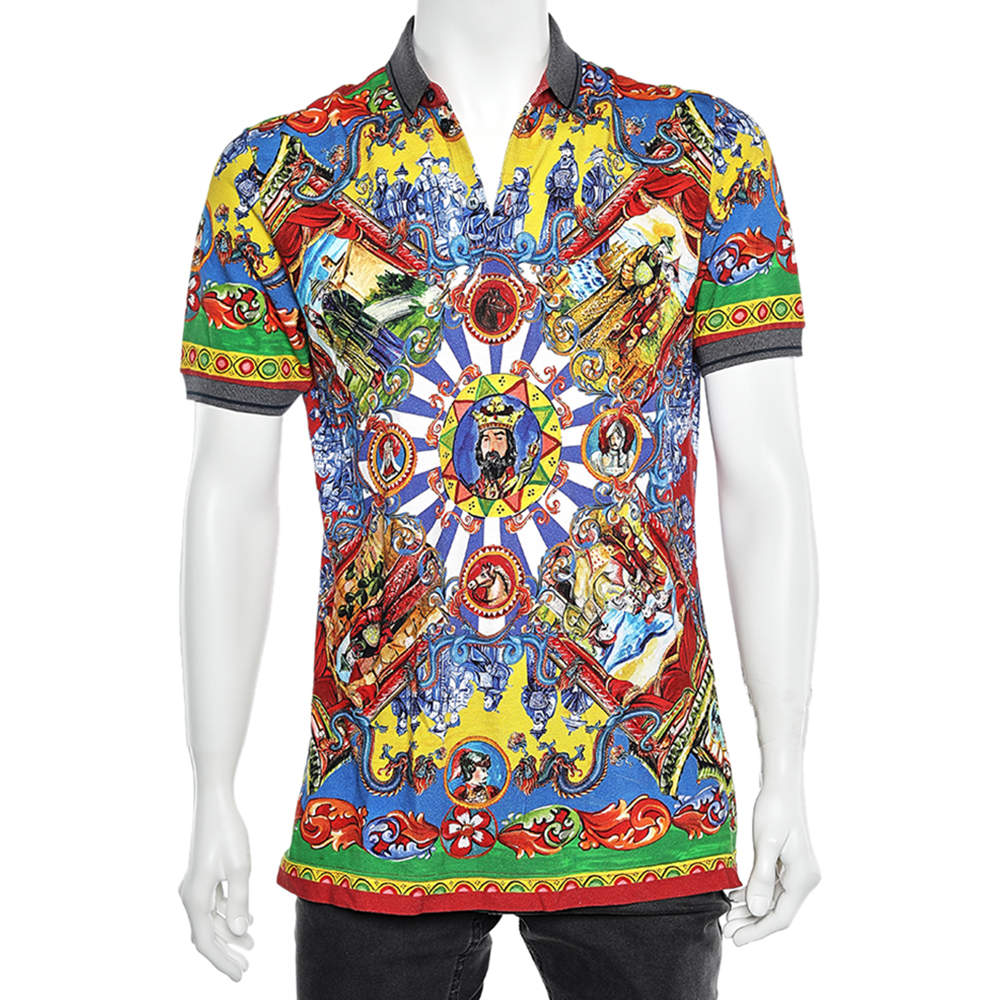 مملوكة مسبقًا Dolce & Gabbana Multicolor Sicilian Chinoiserie Print Cotton Polo T-Shirt L