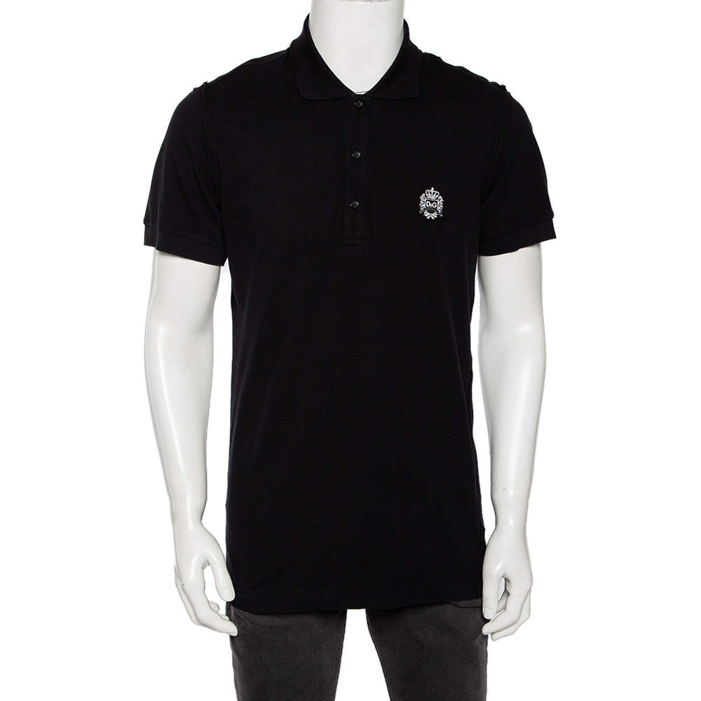 مملوكة مسبقًا Dolce & Gabbana Black Cotton Pique Logo Crest Embroidered Polo T-Shirt L