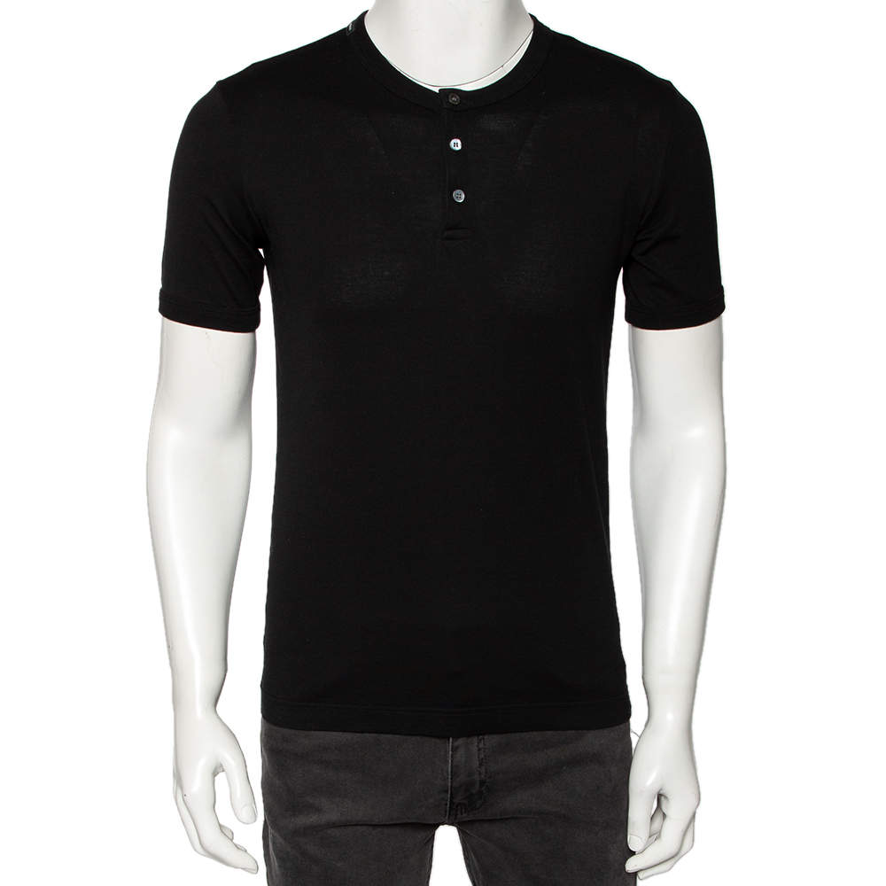 Pre Owned Dolce & Gabbana Black Cotton Knit Buttoned Crewneck T-Shirt S