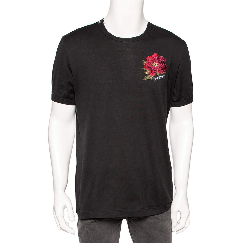 مملوكة مسبقًا Dolce & Gabbana Black Cotton Floral Applique Detailed Slim Fit T-Shirt XL