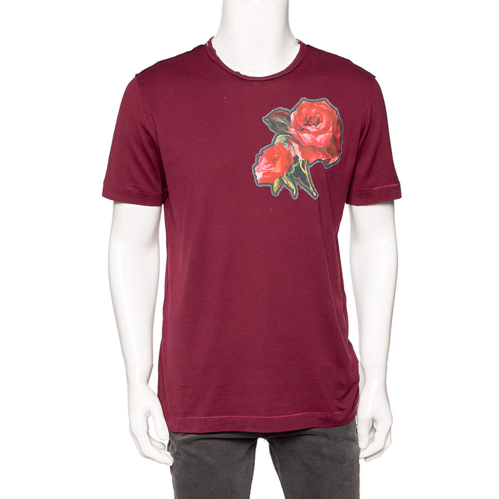 مملوكة مسبقًا Dolce & Gabbana Burgundy Cotton Rose Applique Detailed T-Shirt XL