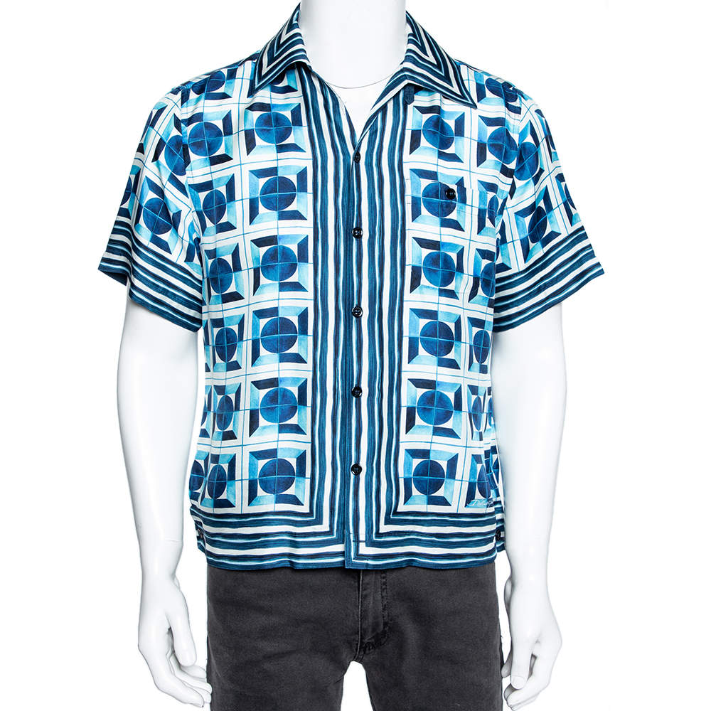 Pre Owned Dolce & Gabbana Blue Printed Silk Short Sleeve Shirt XS