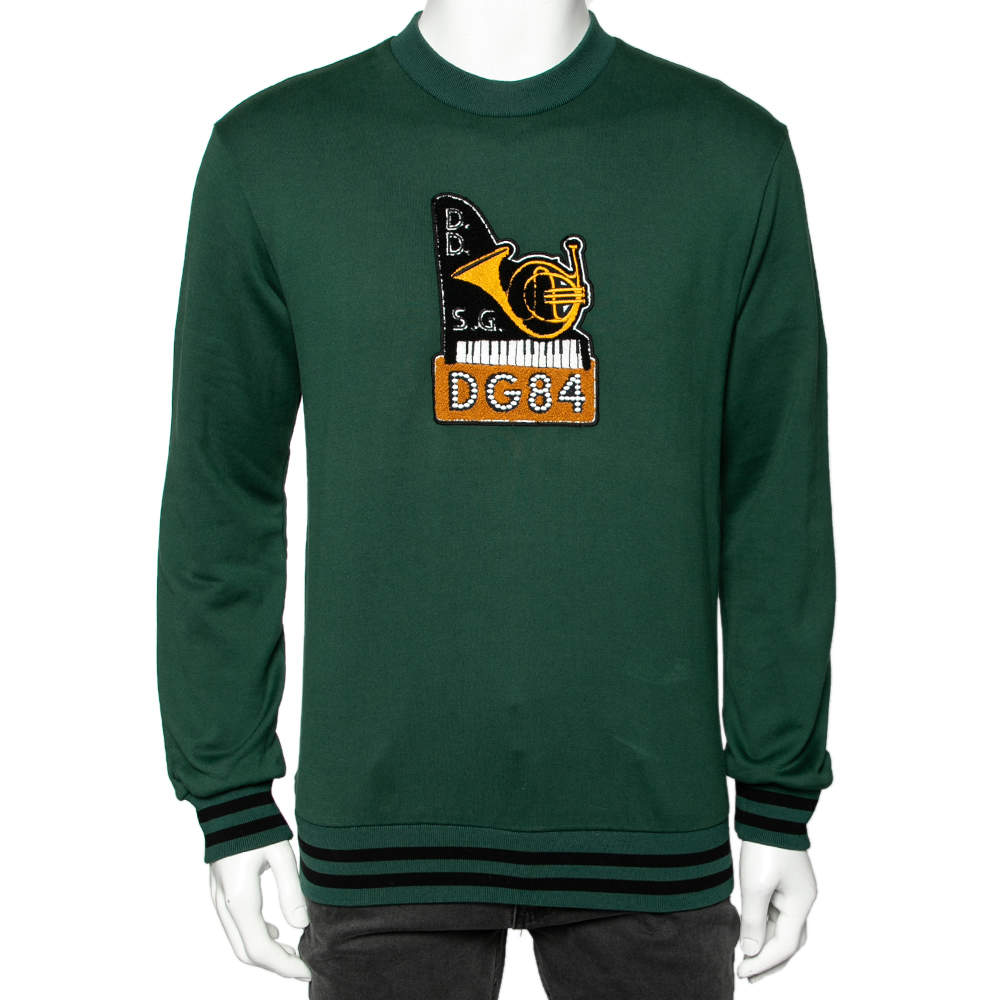 Pre Owned Dolce & Gabbana Green Cotton Appliqued Crewneck Sweatshirt XS