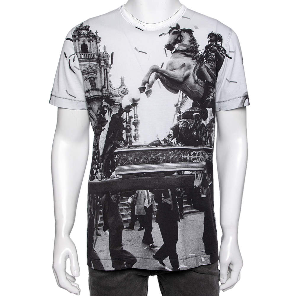 Pre Owned تي شيرت دولتشي أند غابانا جوسيبي ليون مطبوع مونوكرومي برقبة مستديرة مقاس كبير جدًا جدًا - إكس إكس لارج