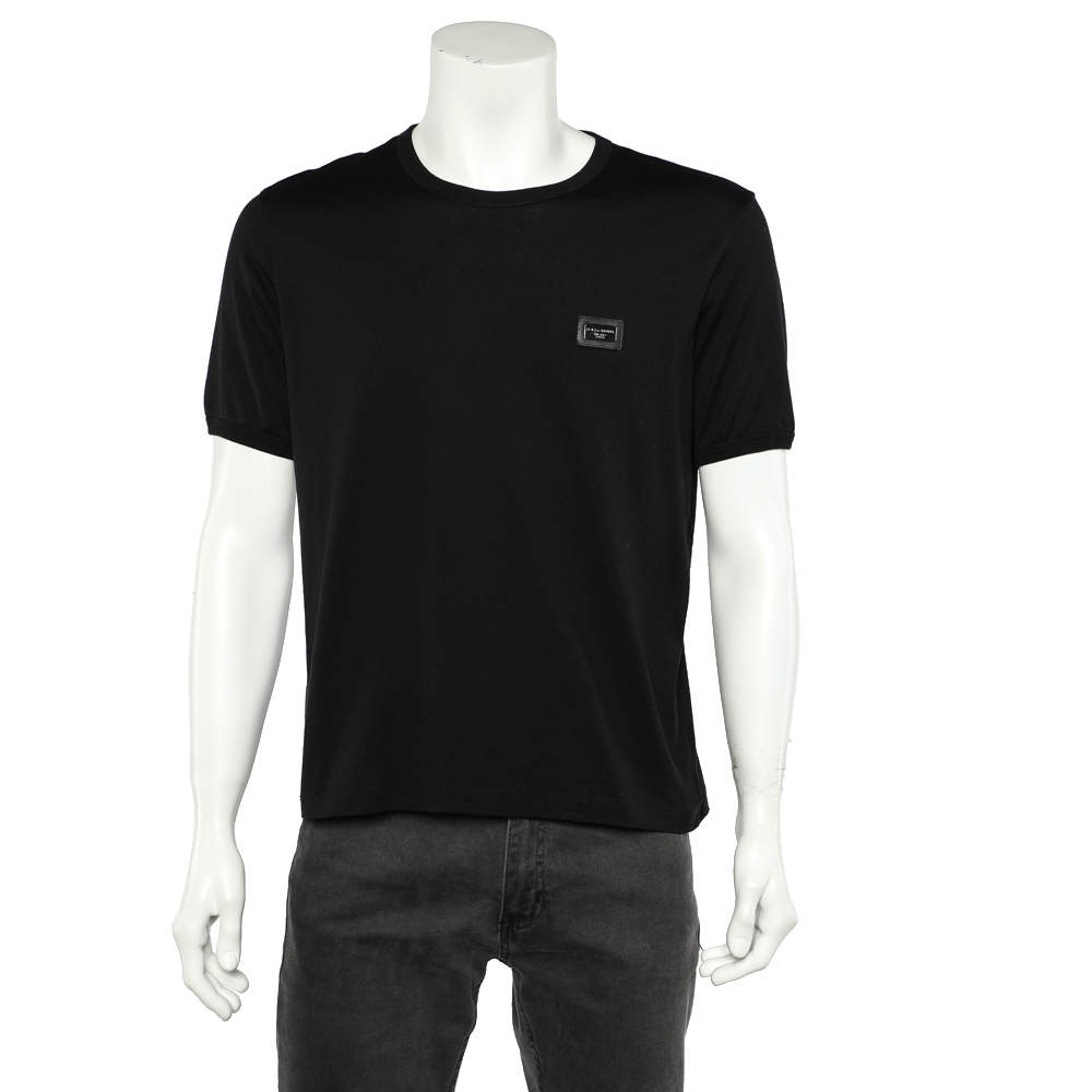 مملوكة مسبقًا Dolce & Gabbana Black Cotton Logo Plaque Detail Crewneck T-Shirt XL