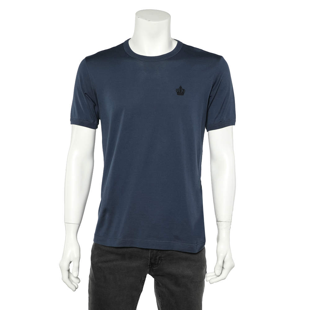 مملوكة مسبقًا تي شيرت دولتشي أند غابانا قطن أزرق مطرز تاج برقبة مستديرة مقاس كبير - لارج