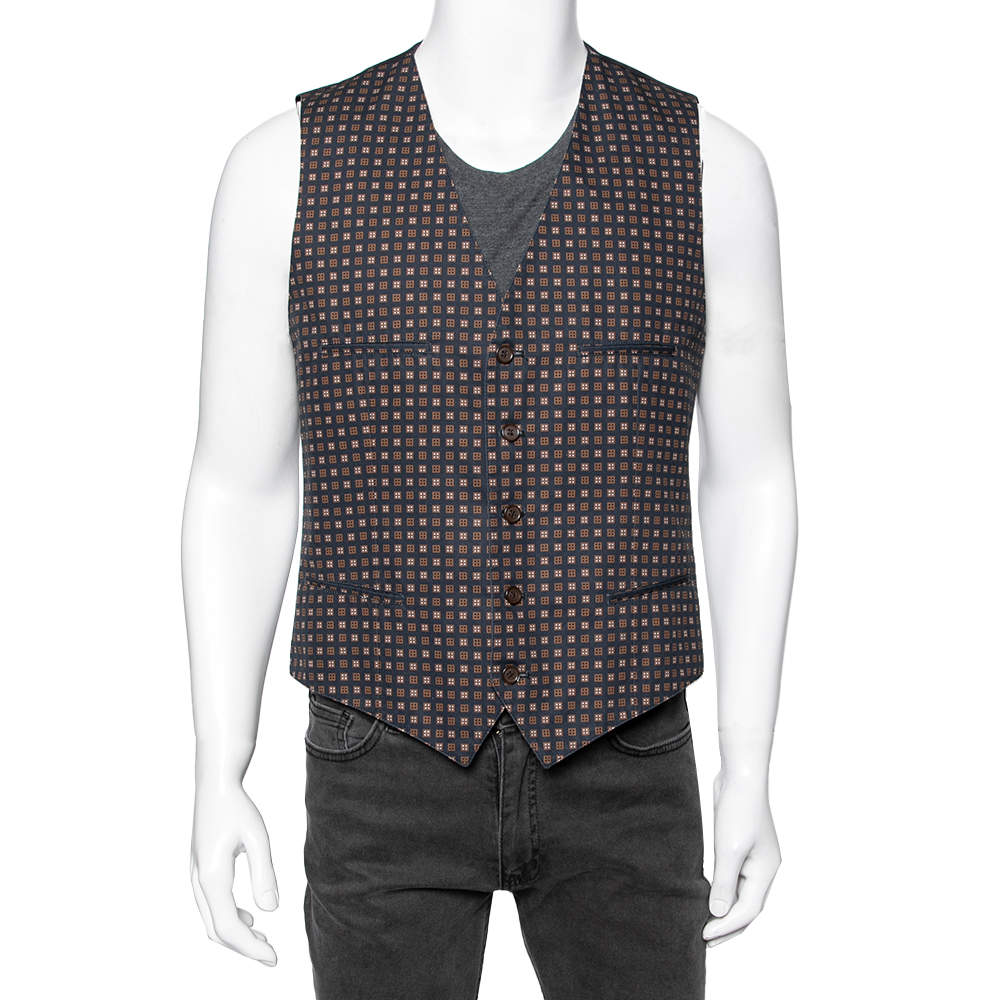 Pre Owned Dolce & Gabbana Navy Blue & Brown Printed Cotton Waistcoat L