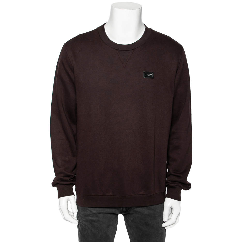 Pre Owned Dolce & Gabbana Brown Knit Logo Patch Long Sleeve Sweater XL