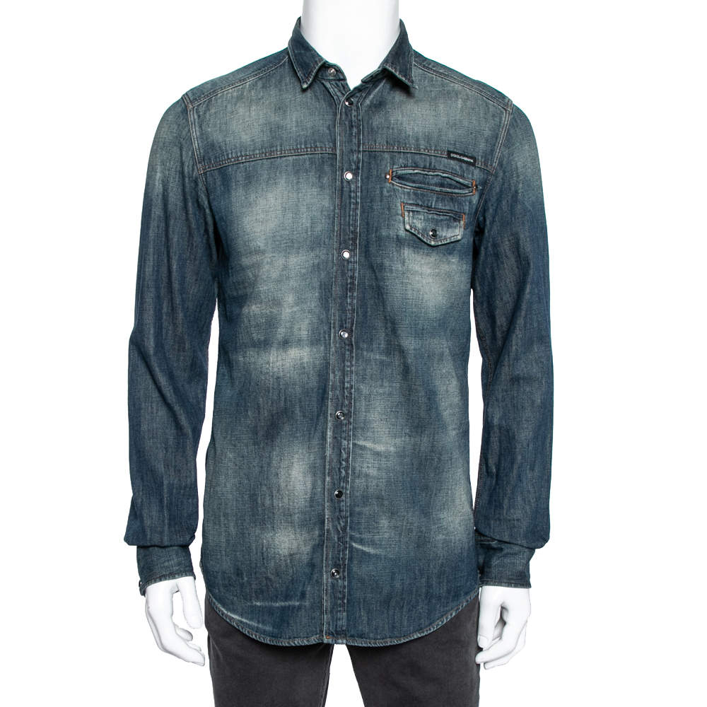 مملوكة مسبقًا Dolce & Gabbana Navy Blue Denim Sicilia Shirt M