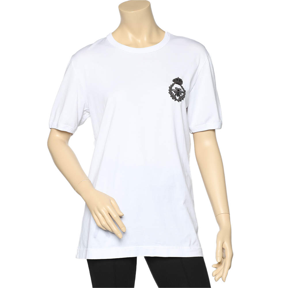 Pre Owned Dolce & Gabbana White Cotton Crown & Bee Patch T-Shirt L