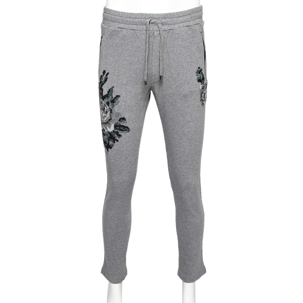مملوكة مسبقًا Dolce & Gabbana Grey Cotton Knit Patch Detail Sweatpants XS