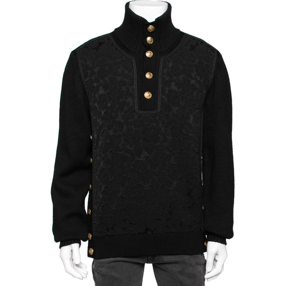 Pre Owned Dolce & Gabbana Black Wool Knit & Jacquard Button Detail Jumper XL