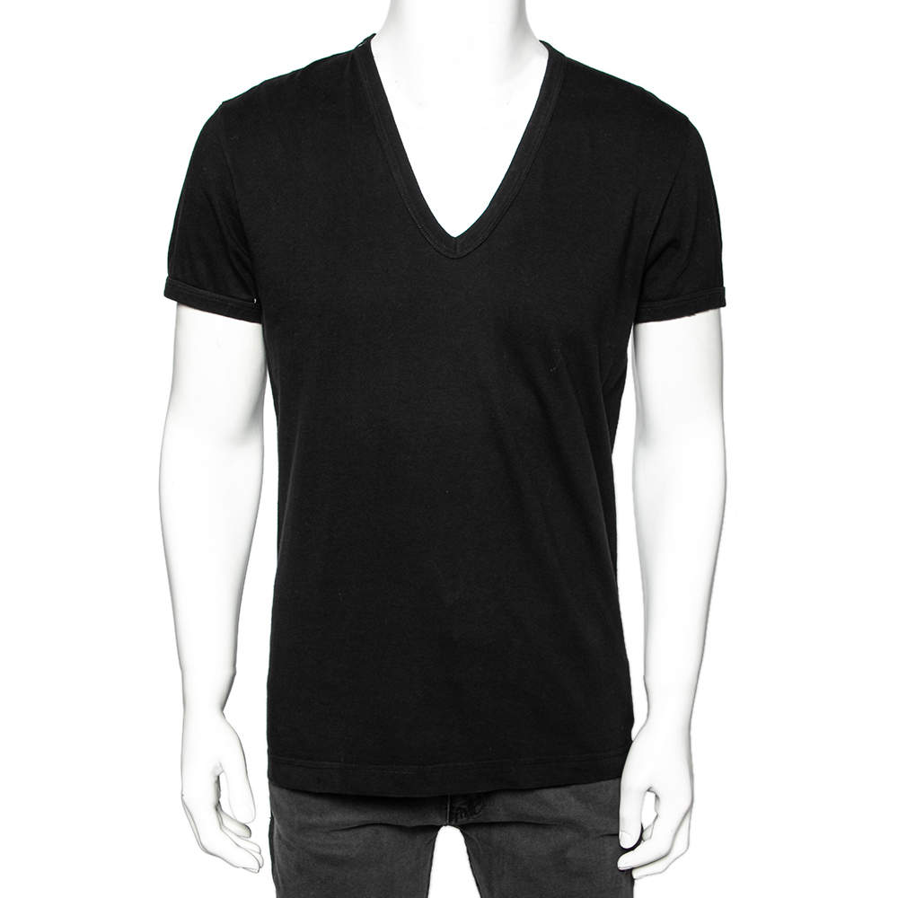 Pre Owned Dolce & Gabbana Black Cotton V-Neck T-Shirt L