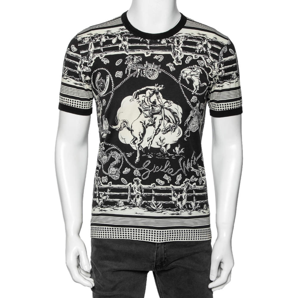 Pre Owned Dolce & Gabbana Monochrome Printed Cotton Crewneck T-Shirt XS