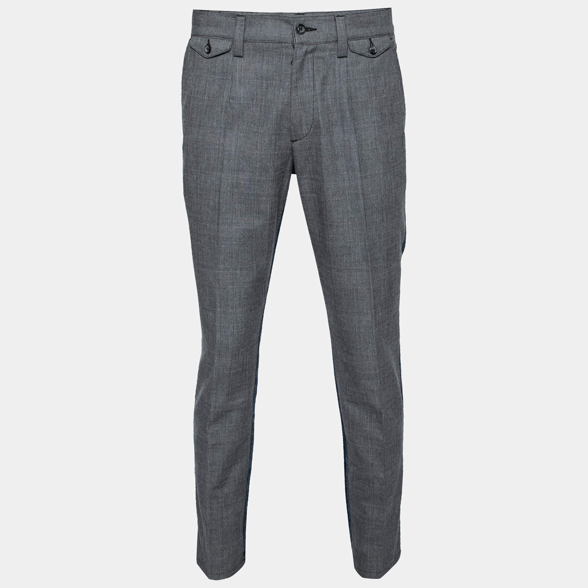 Pre Owned Dolce & Gabbana Checkered Cotton & Distressed Denim Paneled Pants S