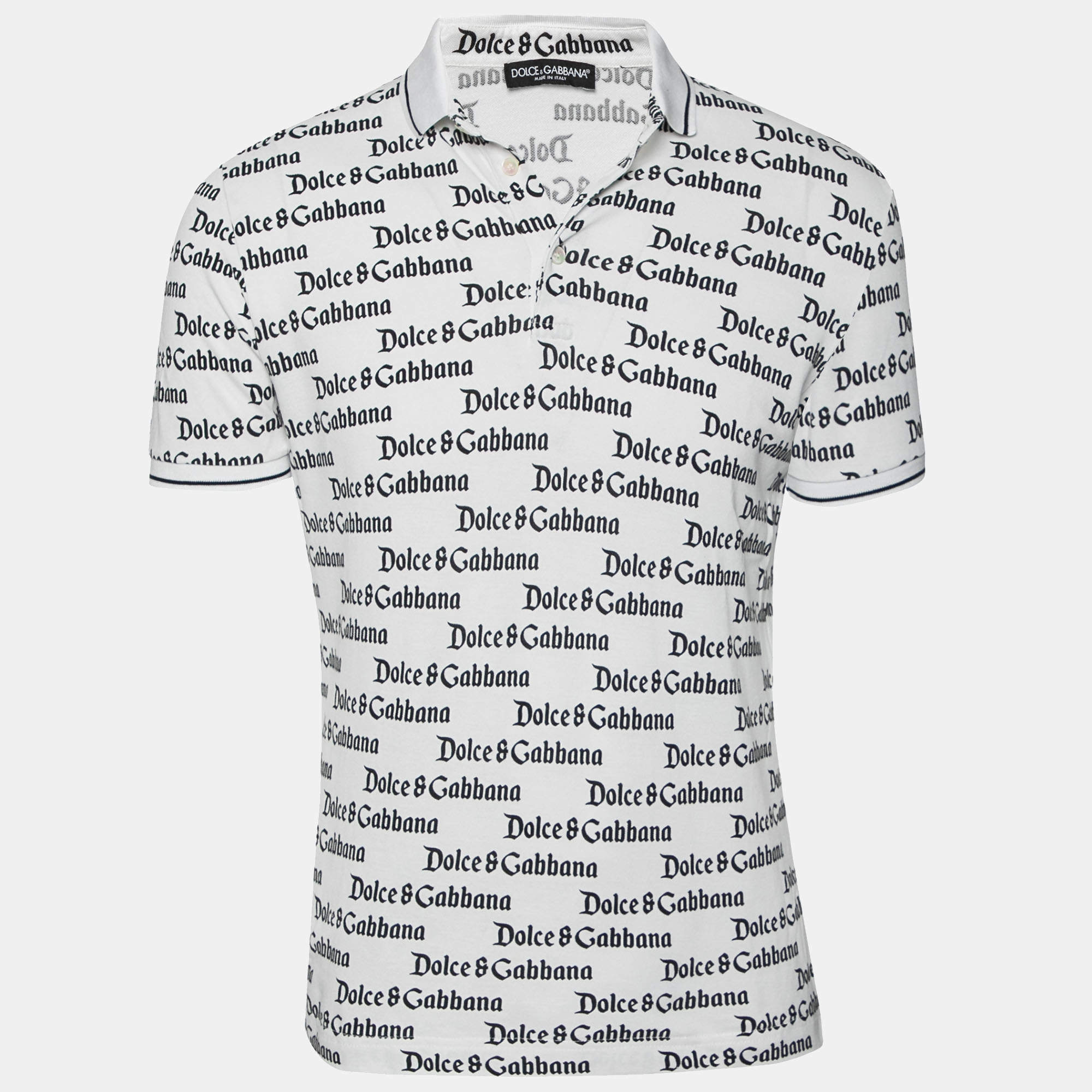 Pre Owned Dolce & Gabbana White and Black All Over Logo Printed Polo T-Shirt S