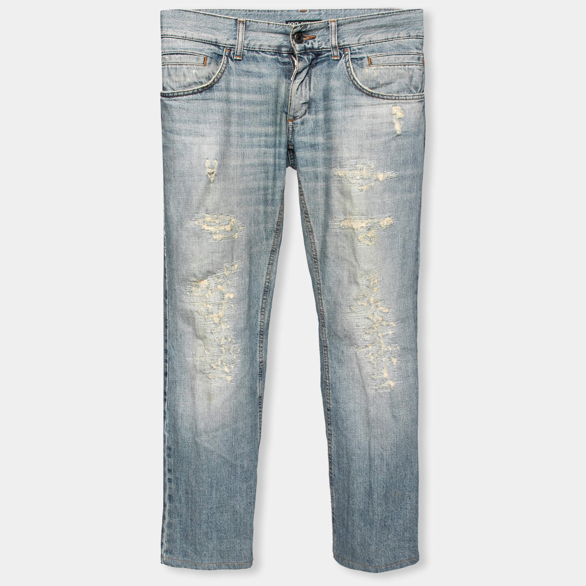 Pre Owned Dolce & Gabbana Blue Distressed Denim Fit 14 Jeans XS