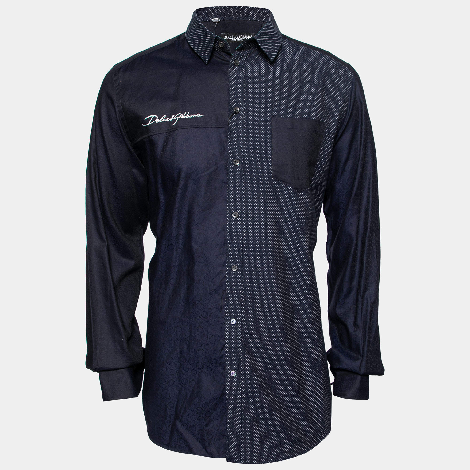 Pre Owned قميص دولتشي أند غابانا بطيات قطن أزرق كحلي بأزرار أمامية مقاس كبير جداً جداً ( إكس إ كس لارج )