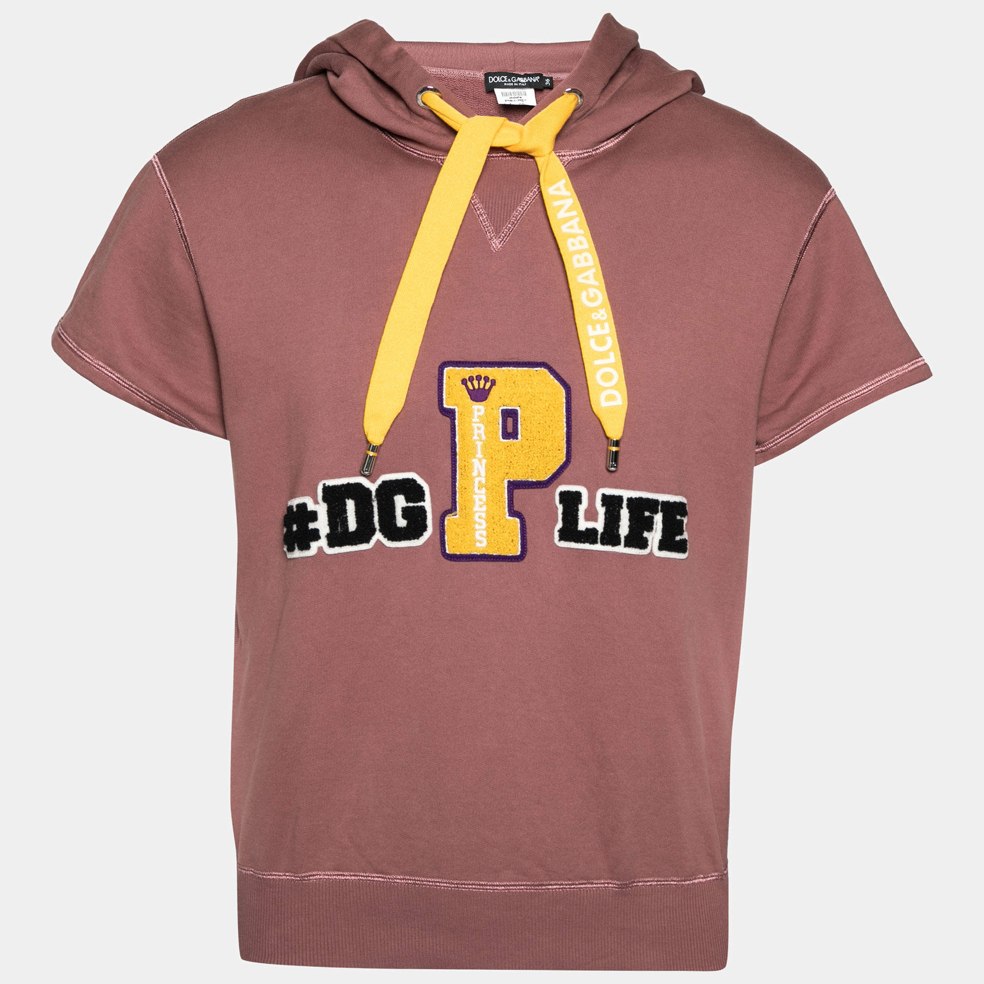 Pre Owned هودي دولتشي أند غابانا قطن بني مطرز بأكمام قصيرة مقاس صغير جدًا - إكس سمول