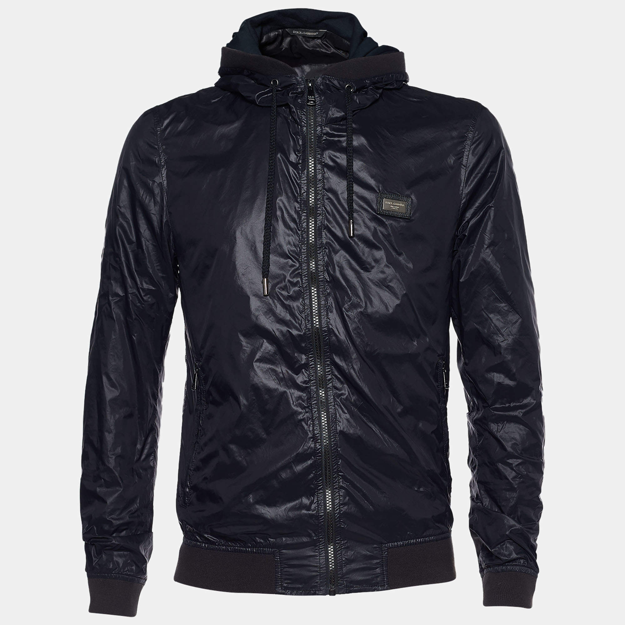 Pre Owned جاكيت دولتشي آند غابانا قماش صناعي أسود بهودي وسحاب أمامي مقاس متوسط - ميديوم