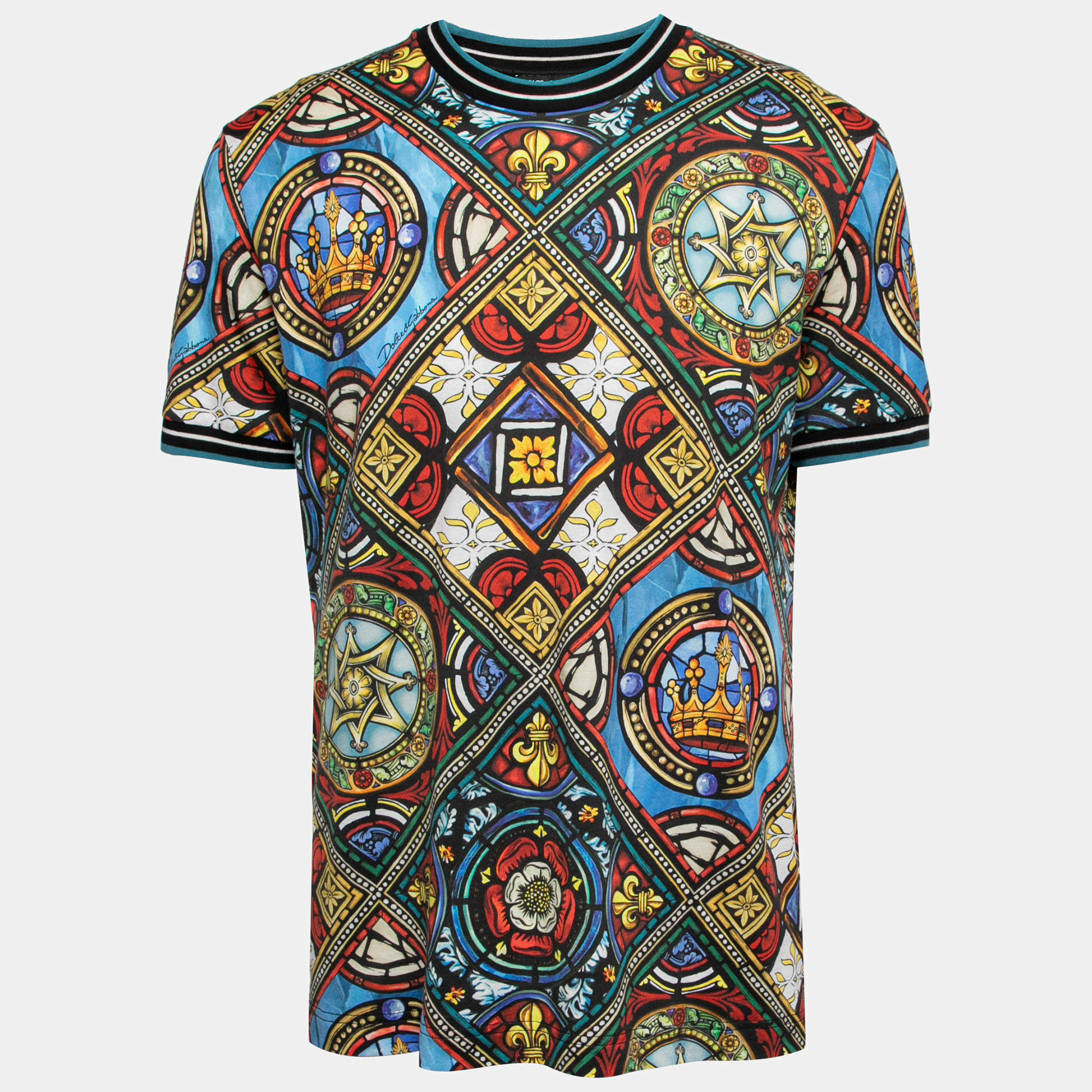 مملوكة مسبقًا تي شيرت دولتشي أند غابانا قطن مطبوع متعدد الألوان برقبة مستديرة مقاس كبير جداً جداً ( إكس إكس لارج )