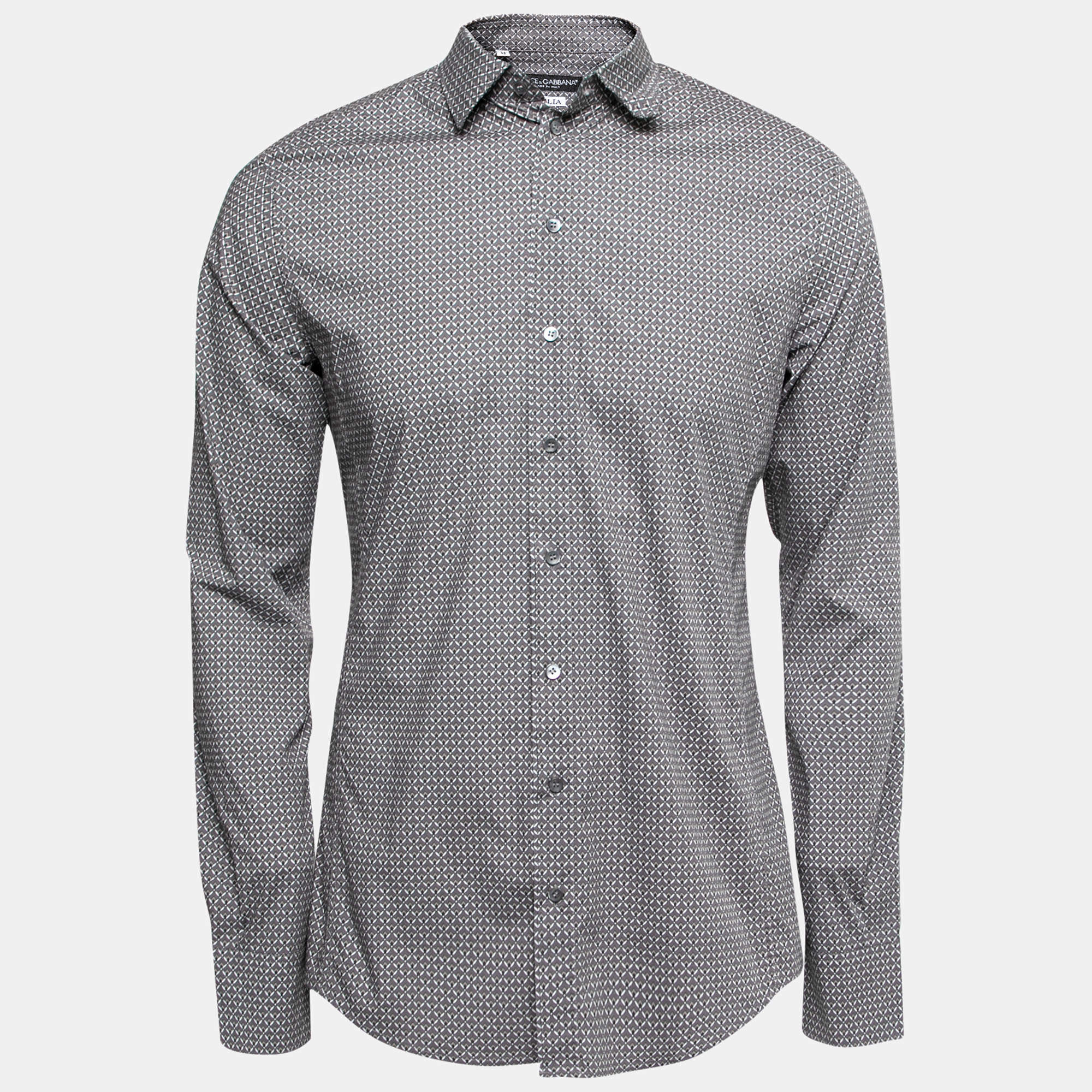 Pre Owned Dolce & Gabbana Grey Printed Cotton Sicilia Button Front Shirt L