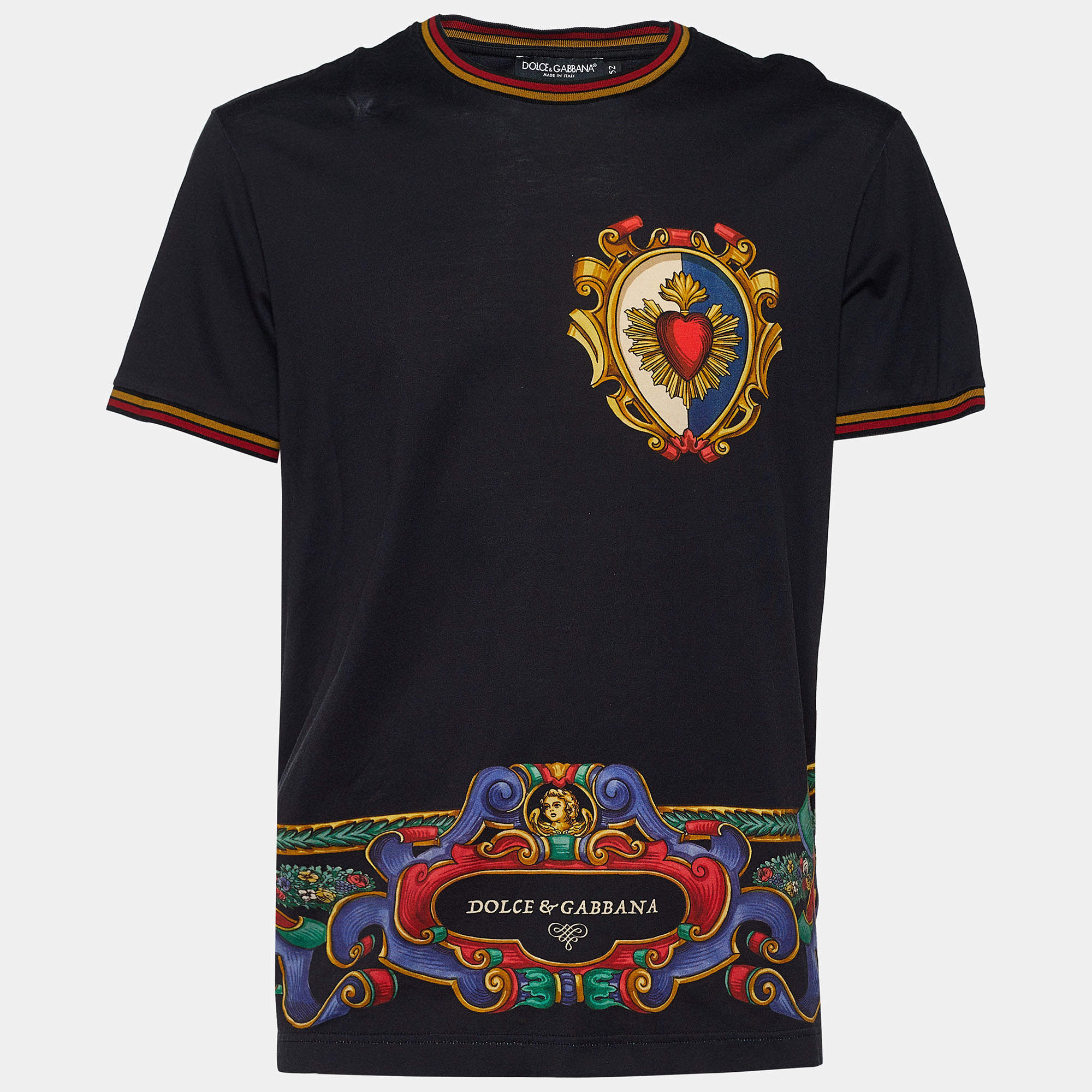 Pre Owned Dolce & Gabbana Black Cotton Knit Sacred Heart Print T-Shirt XL