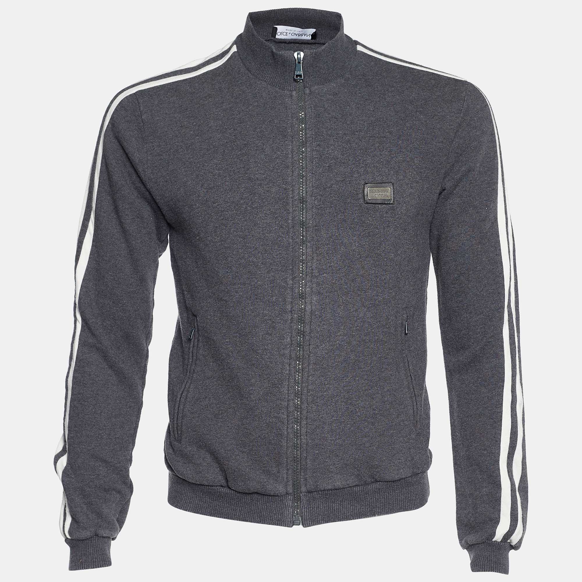 Pre Owned Dolce & Gabbana Grey Rib Knit Cotton Zip Front Jacket M