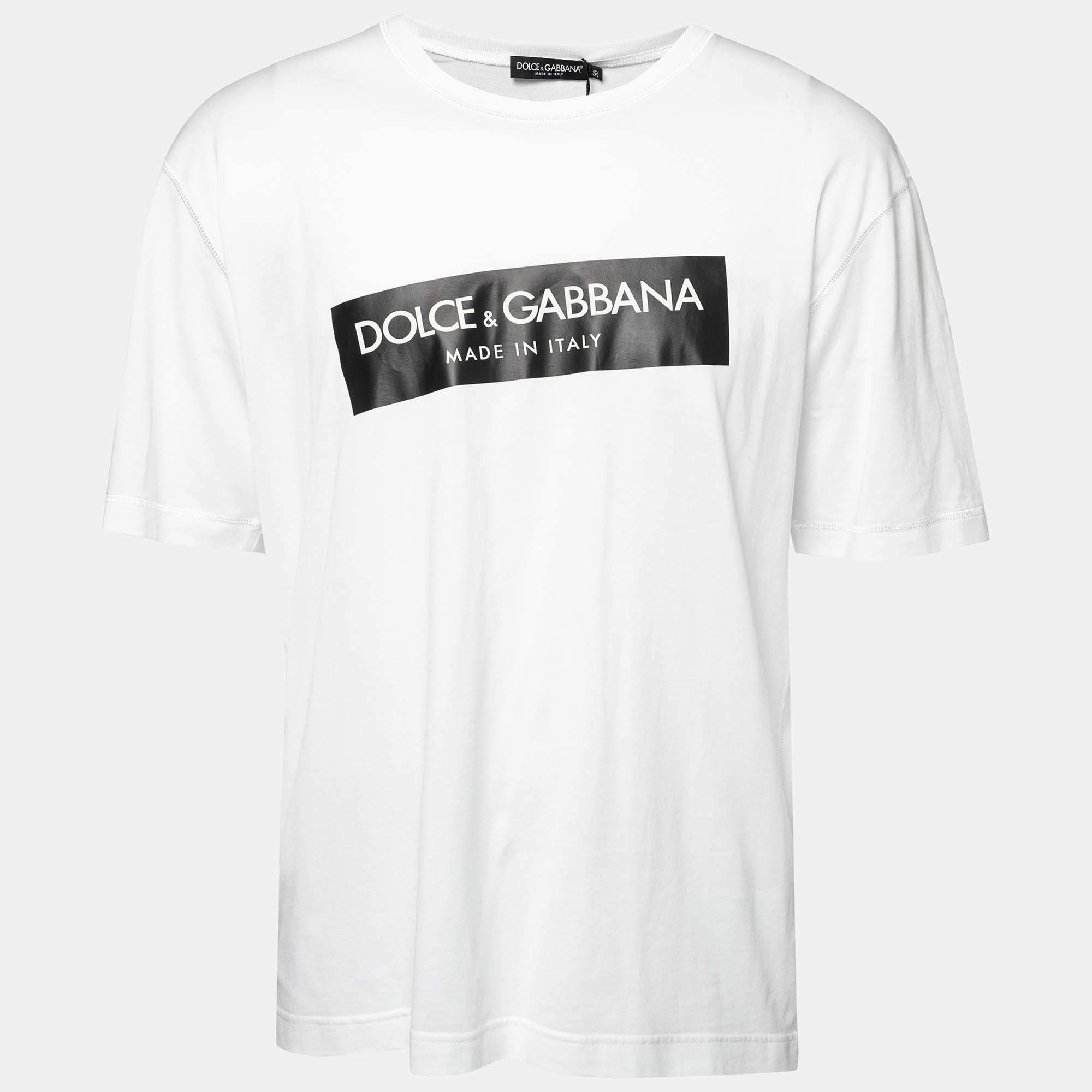 مملوكة مسبقًا Dolce & Gabbana White Slant Logo Printed Cotton T-Shirt L