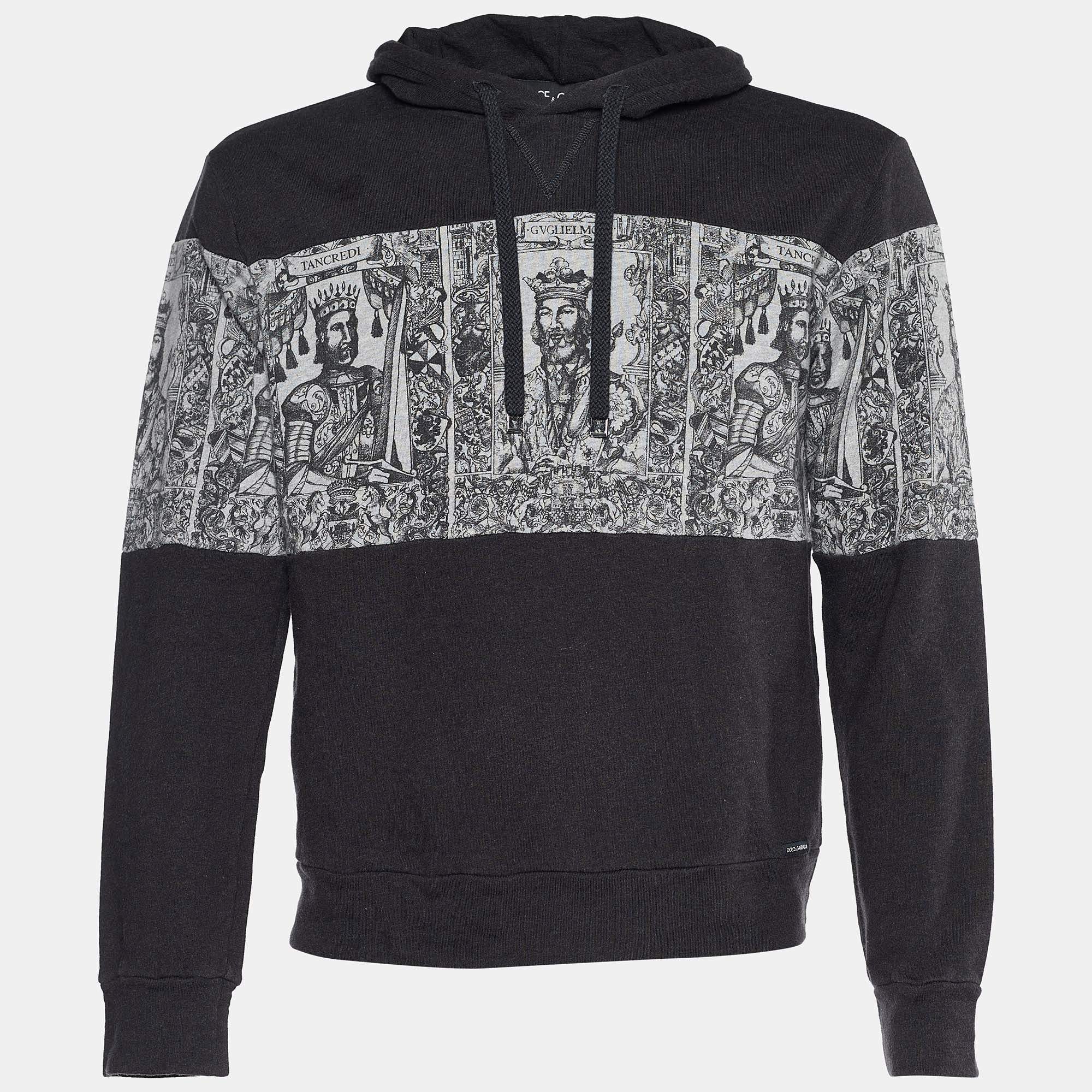 مملوكة مسبقًا Dolce & Gabbana Grey Cotton Norman King Print Hooded Sweatshirt M