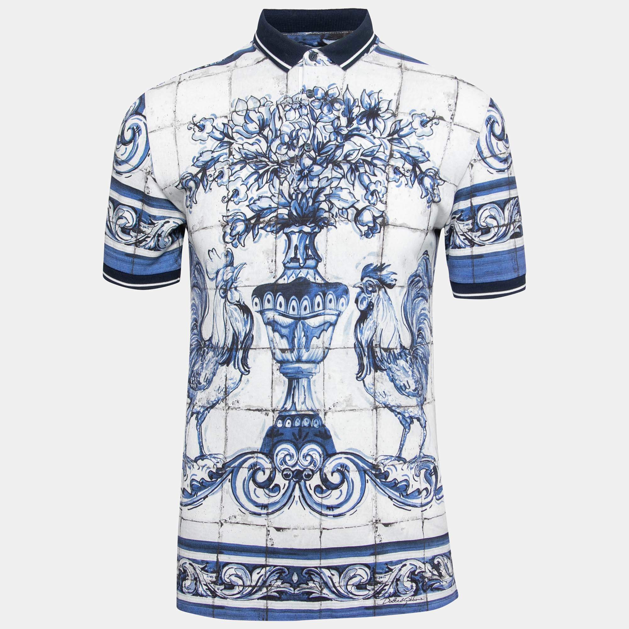 Pre Owned Dolce & Gabbana White/Blue Cotton Majolica Polo T-Shirt S