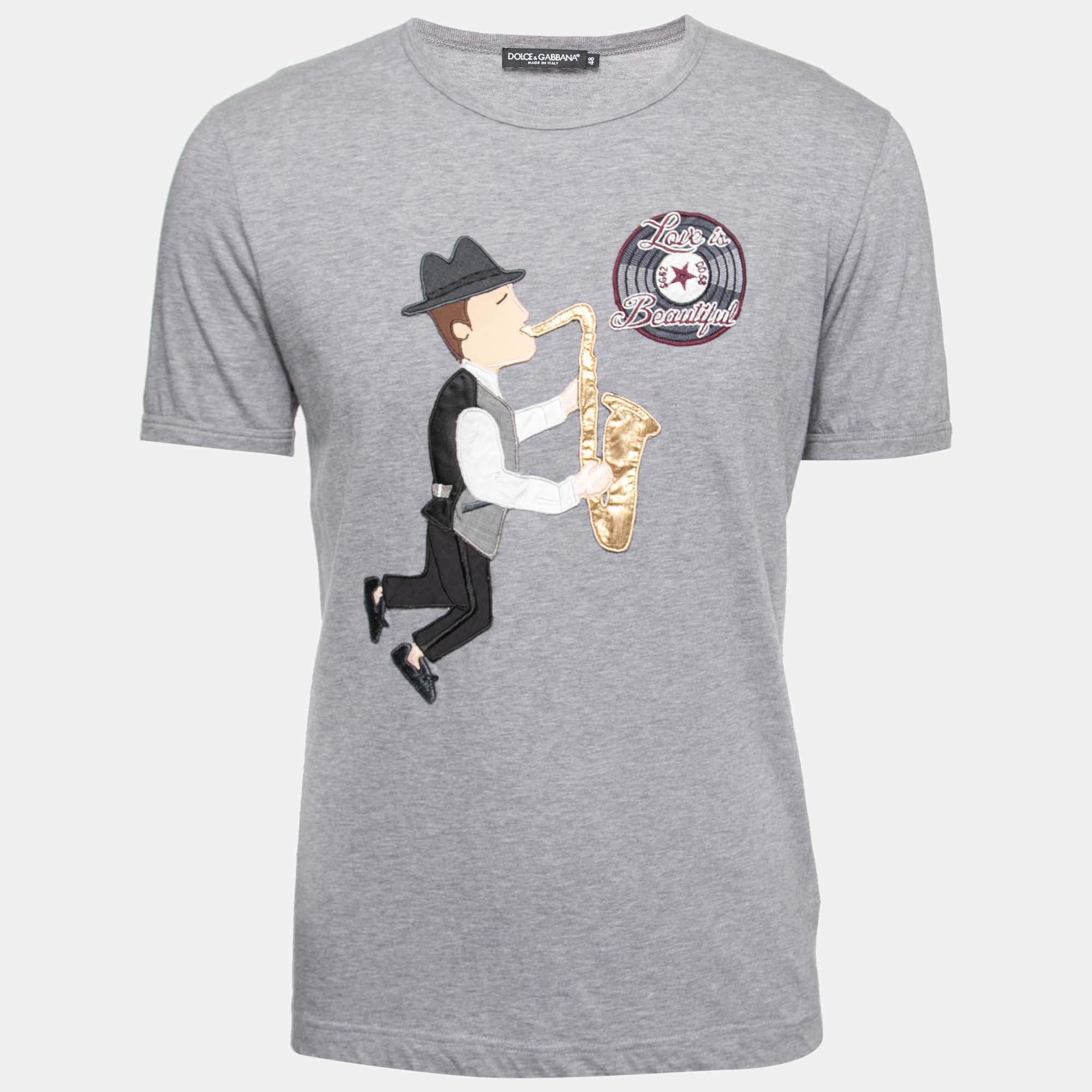 مملوكة مسبقًا تي شيرت دولتشي أند غابانا قطن رصاصي مطرز برقبة مستديرة مقاس متوسط - ميديوم