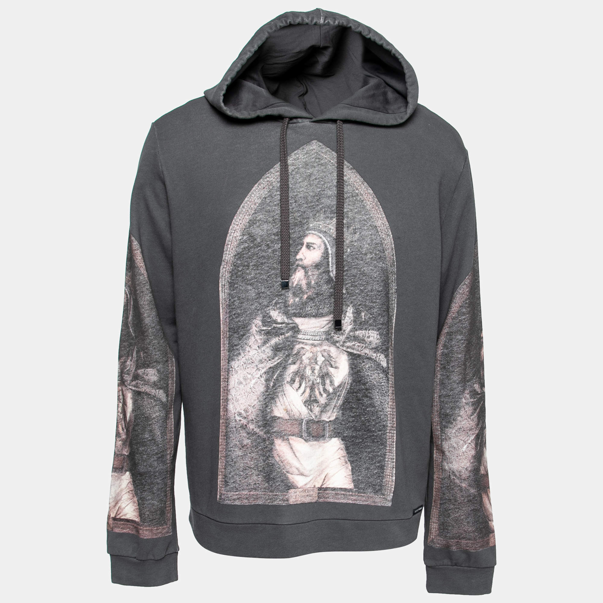 Pre Owned Dolce & Gabbana Grey Printed Cotton Drawstring Hoodie XL