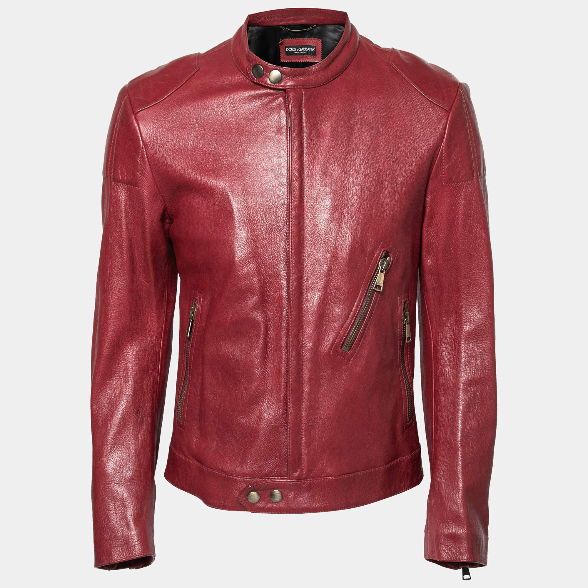 مملوكة مسبقًا جاكيت بايكر دولتشي أند غابانا جلد أحمر بسحاب أمامي مقاس متوسط - ميديوم