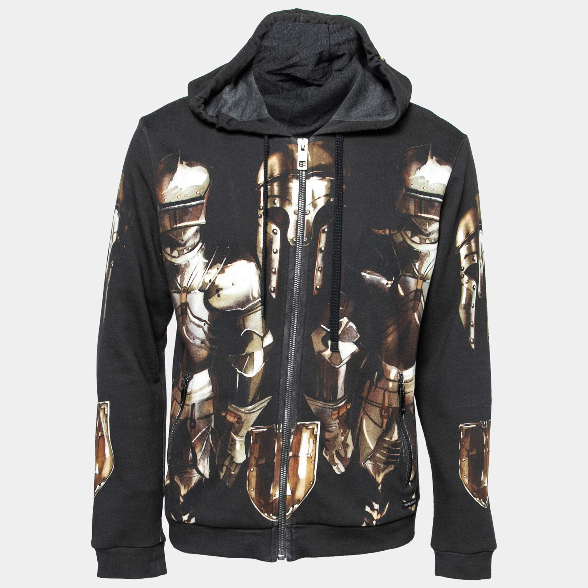 Pre Owned Dolce & Gabbana Black Medieval Armor Print Cotton  Zip Front Hoodie M
