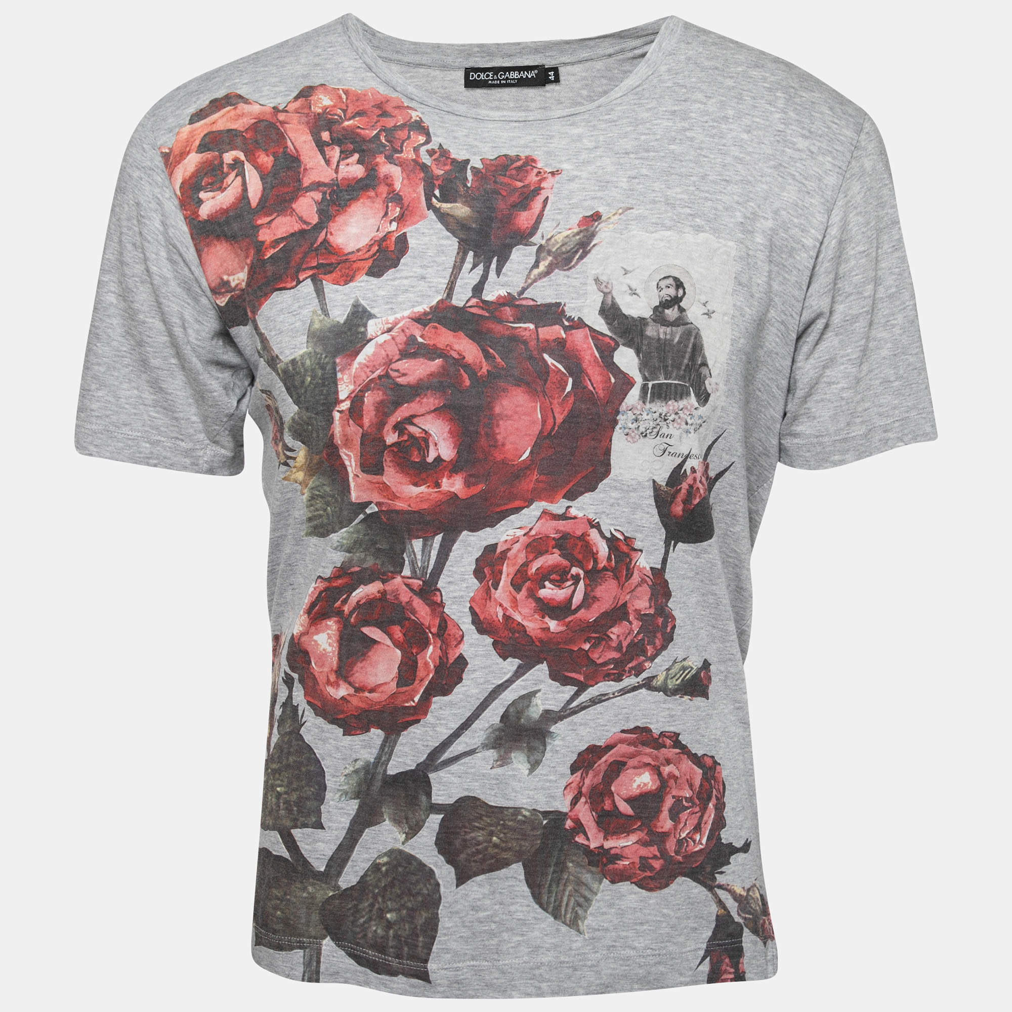 مملوكة مسبقًا Dolce & Gabbana Grey Rose Print Cotton Short Sleeve T-Shirt XS