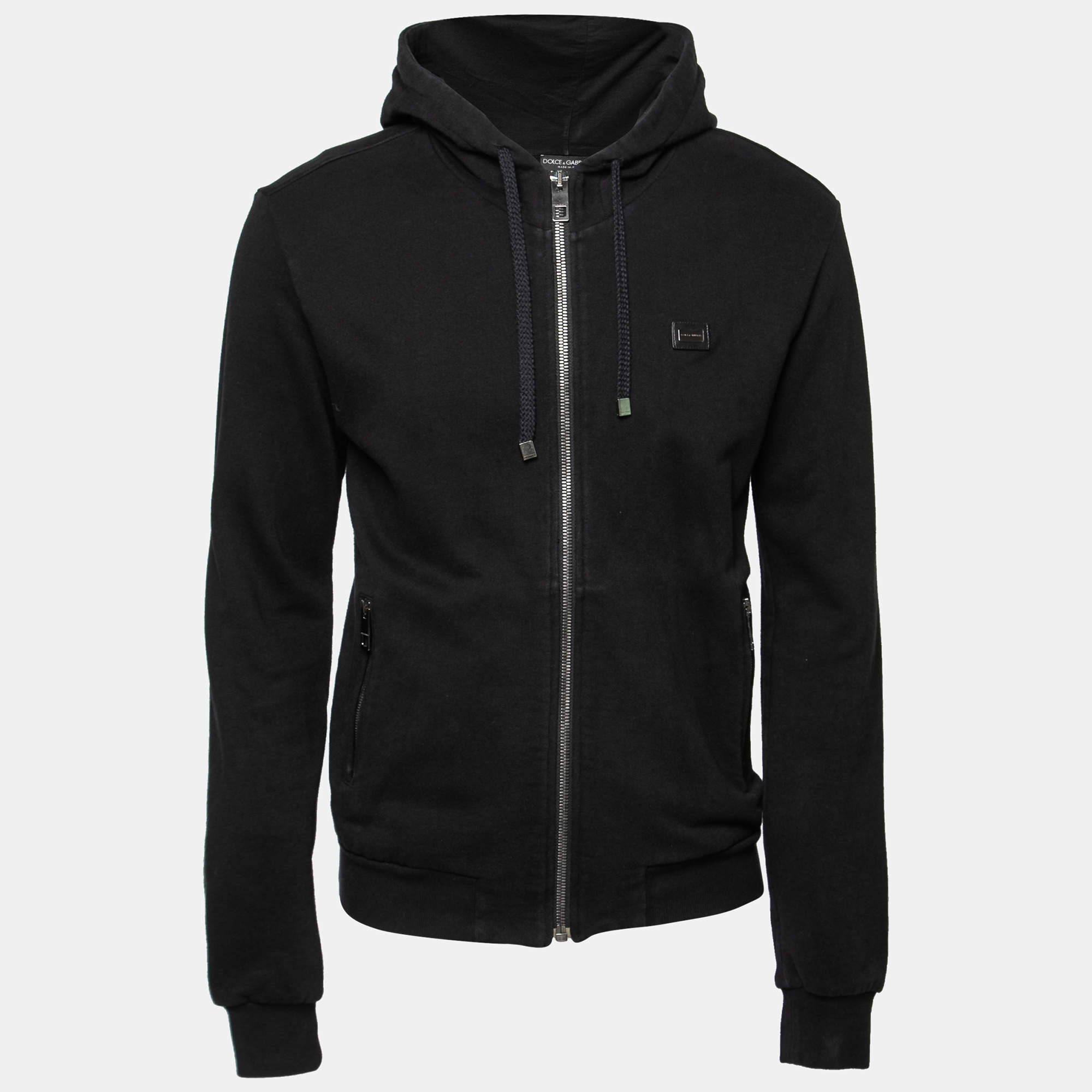 مملوكة مسبقًا Dolce & Gabbana Black Cotton Hooded Zip Front Jacket L