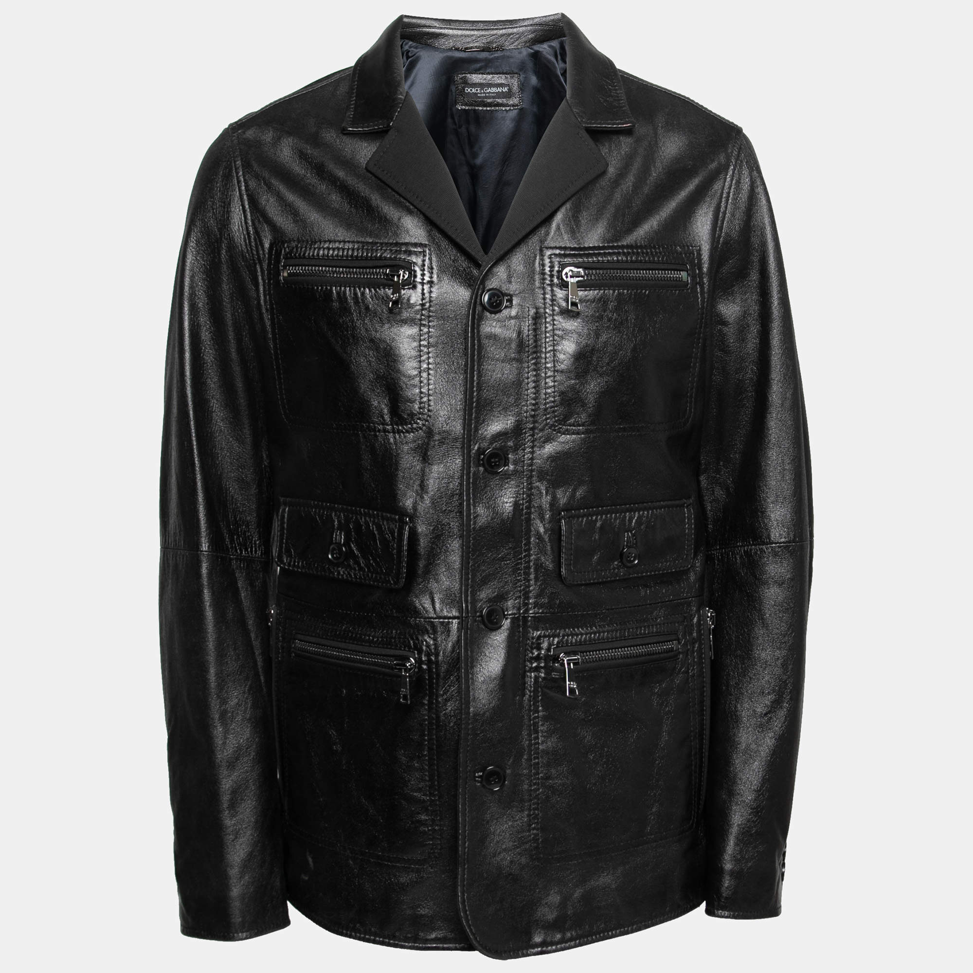 Pre Owned Dolce & Gabbana Black Leather Pocketed Jacket XL