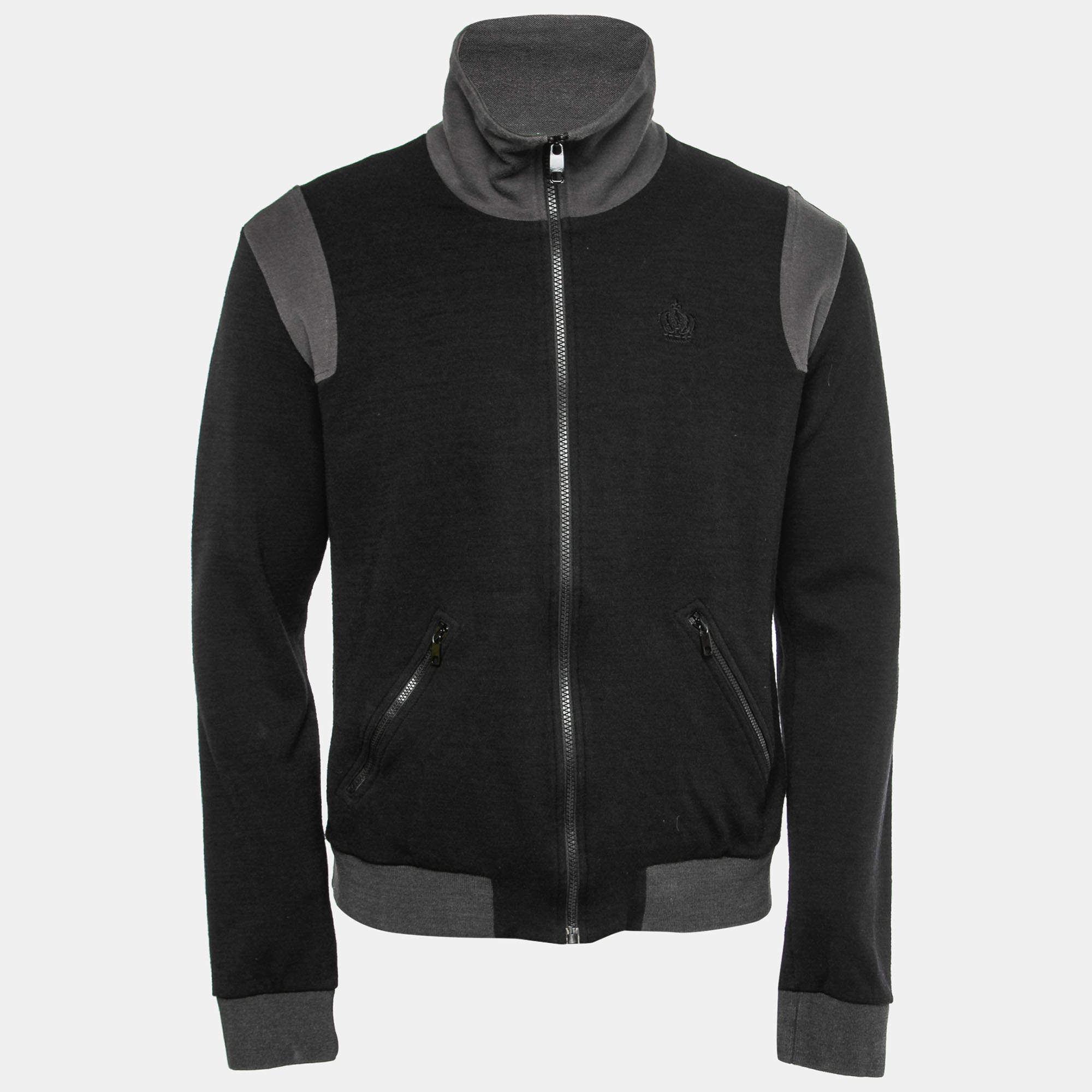 مملوكة مسبقًا Dolce & Gabbana Black Wool Contrast Trimmed Zip Front Jacket XXL